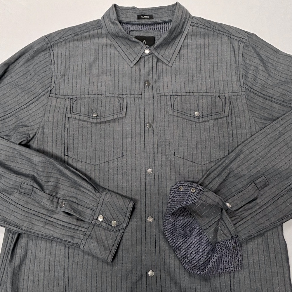 Prana Mens Hollis Long Sleeve‎ Snap Front Shirt Size M Slim Gray Striped Western